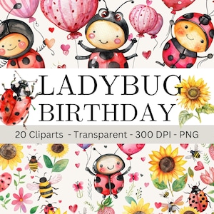 Carino acquerello coccinella e cuori con bombi compleanno PNG Clipart, download digitale istantaneo, uso commerciale, grafica trasparente