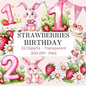 Fraise premier anniversaire Clipart, 2e anniversaire fille Clipart, Clipart fraise d'anniversaire, doux anniversaire de baies, téléchargement numérique