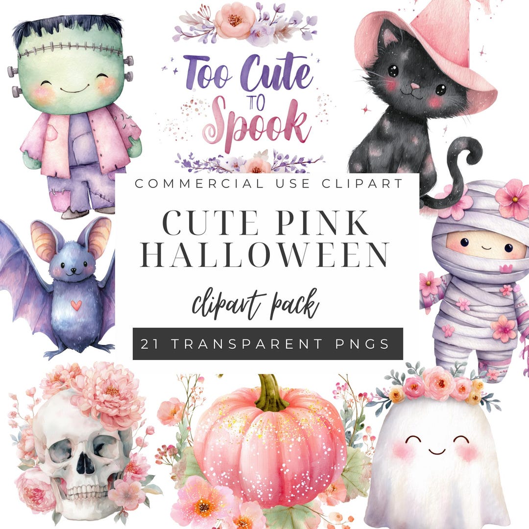 Pink Halloween Clipart Bundle, Pastel Watercolor Pngs, Cute Ghosts ...