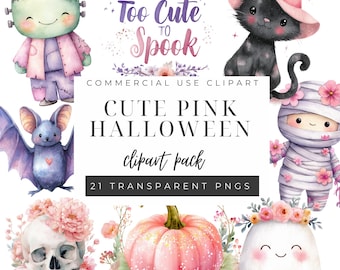 Zbyt słodkie, by straszyć Halloweenowe cliparty, różowy kawaii potwór duch PNG, pastelowy nietoperz dyniowy, grafika imprezowa