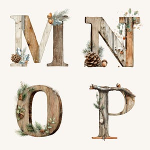 May include: Four wooden letters, M, N, O, and P, are depicted in a watercolor style. Each letter is crafted from wood and adorned with natural elements like pinecones, acorns, and evergreen sprigs, creating a rustic, seasonal aesthetic.