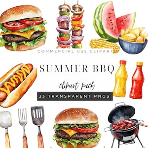 Summer BBQ Clipart, Digital Download, Fun Food Graphics, Backyard Party, Grilling Tools, Kids Chefs, Instant PNG