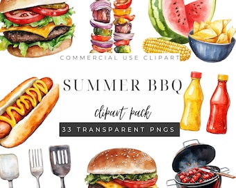 BBQ Clipart PNG, Summer Barbecue Party Clipart, Backyard Barbecue Clipart, Grill and Chill Clipart, Fourth of July Clipart, Watercolor BBQ