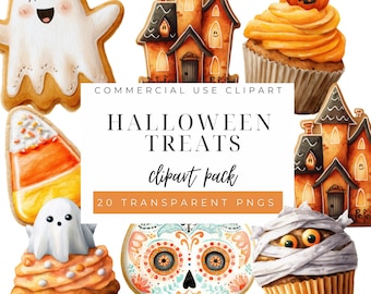 May include: A collection of watercolor Halloween-themed clipart. Includes a smiling ghost cookie, a haunted house, cupcakes topped with pumpkins and ghosts, candy corn, and a sugar skull. The text reads "Halloween Treats clipart pack".