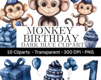 Mono cumpleañero PNG - Mono primer cumpleaños Clipart - Animal lindo PNG - Descarga digital para niños - Decoraciones para fiestas