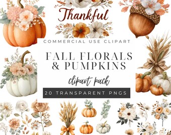 Fall Floral Pumpkin Clipart, Watercolor Autumn PNG, Thankful Text Graphic, Wheat Acorn Thanksgiving Art