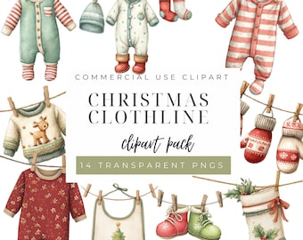 Christmas Clothesline Clipart, Watercolor Baby Outfits PNG, My First Christmas Digital Download for Crafts