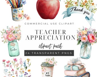 Teacher Appreciation Clipart PNG, Watercolor Teacher Clipart, End of Year Teacher Gift Clipart, Back to School, Classroom, Teacher Thank You