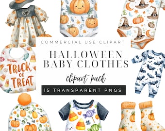 Clipart of Halloween Baby Clothes, Spooky Nursery Decor, Digital Download, Cute Baby Shower Art, PNG Bundle