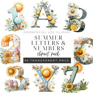 Watercolor Numbers & Letters Clipart, Floral Alphabet PNG, Digital Download, Cute Art for Kids&#39; Projects, Summer Floral Clipart