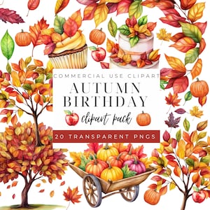 Puede incluir: Un paquete de clipart de acuarela con elementos de cumpleaños de otoño. El paquete incluye un pastel, cupcakes, calabazas, hojas y un carro lleno de calabazas. El texto "COMMERCIAL USE CLIPART AUTUMN BIRTHDAY clipart pack 20 TRANSPARENT PNGS" se muestra en una pancarta roja.