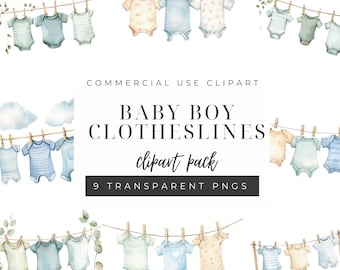 May include: Watercolor clipart pack featuring baby boy clotheslines. The image shows several baby onesies in various shades of blue, beige, and green, hanging on clotheslines with wooden clothespins. The text reads "Baby Boy Clotheslines clipart pack".