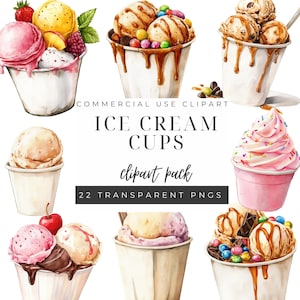 Può includere: Illustrazione ad acquerello di varie coppette di gelato. L'immagine presenta diversi gusti di gelato, tra cui fragola, vaniglia e cioccolato, con guarnizioni come zuccherini e salsa al cioccolato. Il testo recita "ICE CREAM CUPS" e "22 TRANSPARENT PNGS".