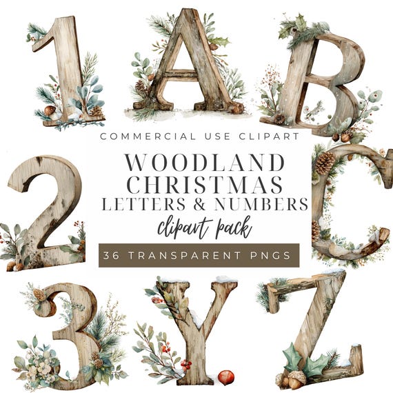 Woodland Christmas Alphabet Clipart PNG, Christmas Letters and Numbers, Holiday Banner Letters, Rustic Christmas Clipart, Christmas Party