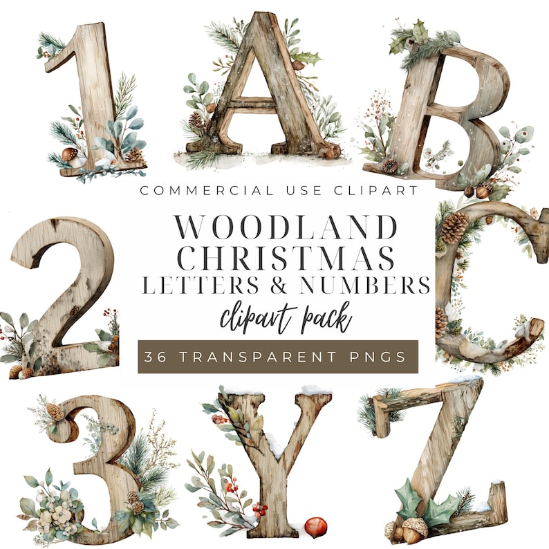 May include: A collection of wooden letters and numbers, including 1, 2, 3, A, B, C, Y, and Z, decorated with winter foliage and pinecones. The text "WOODLAND CHRISTMAS LETTERS & NUMBERS" is also visible.