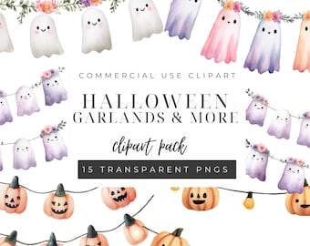 Pink Halloween Clipart Bundle, Pastel Watercolor PNGs, Cute Ghosts & Pumpkins, Digital Art for Crafts, Halloween Garlands