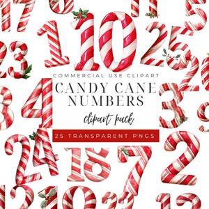 Puede incluir: Una colección de números de bastón de caramelo rojos y blancos, del 1 al 25, sobre un fondo blanco. Los números están en un estilo de acuarela, con un patrón de rayas. Algunos números tienen acentos de acebo. Texto: "CANDY CANE NUMBERS clipart pack".