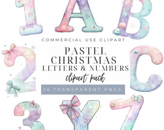 Pastel Christmas Alphabet Clipart PNG, Christmas Letters and Numbers, Holiday Banner Letters, Soft Christmas Clipart, Christmas Party PNG