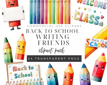 Kawaii School Supply Clipart PNG, Cute Pencil Characters, Back to School Clipart, Kawaii Classroom PNG, Teacher Clipart