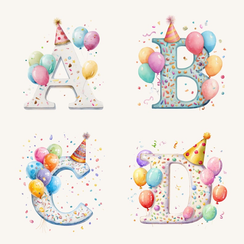 May include: Watercolor illustrations of the letters A, B, C, and D, each decorated for a birthday. The letters are adorned with party hats, colorful balloons, and confetti. The letters are white or light blue and covered in sprinkles.