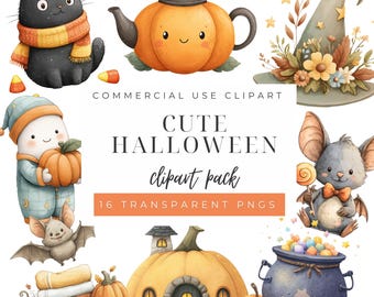 Watercolor Halloween Cuteness Clipart Bundle, Spooky Cute PNG Graphics, Digital Download, Commercial Use