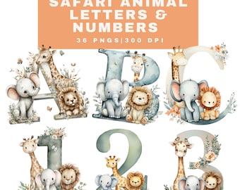 May include: A digital graphic set featuring letters A, B, C and numbers 1, 2, 3 decorated with watercolor illustrations of giraffes, elephants, and lions surrounded by foliage. The text reads SAFARI ANIMAL LETTERS & NUMBERS 36 PNGS 300 DPI.