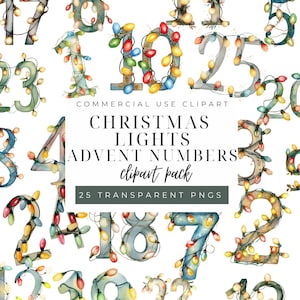 Op de afbeelding: Watercolor clipart-pakket met de cijfers 1-25, elk versierd met kleurrijke kerstverlichting. De cijfers zijn in verschillende kleuren en stijlen, perfect voor vakantie-thema knutselen en ontwerpen. De tekst op de afbeelding luidt "CHRISTMAS LIGHTS ADVENT NUMBERS clipart pack".