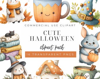 Watercolor Halloween Cuteness Clipart Bundle, Spooky PNG Graphics, Digital Download, Commercial Use, Cute Art