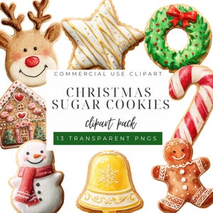 Puede incluir: Una colección de galletas de azúcar navideñas de acuarela en varias formas, incluyendo un reno, estrella, corona, bastón de caramelo, hombre de jengibre, muñeco de nieve, campana y casa de jengibre. La imagen incluye el texto "CHRISTMAS SUGAR COOKIES clipart pack".
