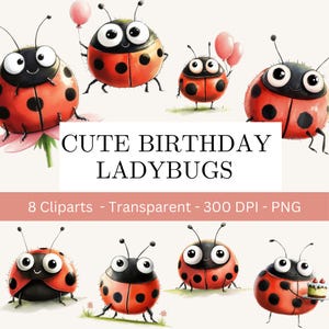 Clipart anniversaire coccinelle, usage commercial, anniversaire bébé enfant coccinelle, téléchargement immédiat, aquarelle des cliparts coccinelle
