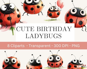 Ladybug Birthday Clipart PNG, Baby Shower Ladybug Clipart, Watercolor Ladybug Characters, Girl Birthday Party Clipart, Cute Ladybug PNG