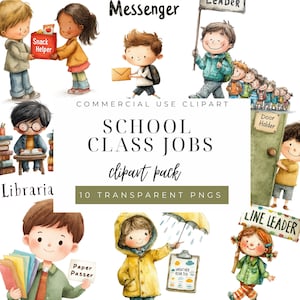 May include: A digital clipart pack with illustrations of children in school class jobs. The images include a snack helper, messenger, leader, librarian, paper passer, weather reporter, door holder, and line leader. The text "School Class Jobs" is also included.
