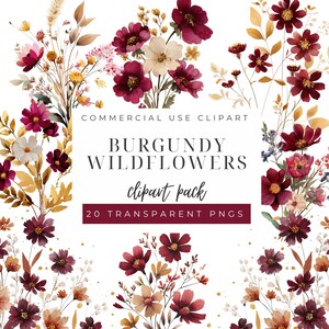 Pode incluir: Uma coleção de flores silvestres em aquarela bordô em vários arranjos. A imagem inclui o texto "Commercial Use Clipart", "Burgundy Wildflowers", "clipart pack" e "20 Transparent PNGs".