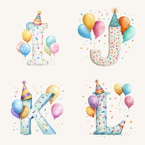 May include: Watercolor illustrations of the numbers 1, J, K, and L, each decorated as if they were a birthday cake. Each number has a party hat, balloons, and colorful sprinkles. The background is a soft off-white.