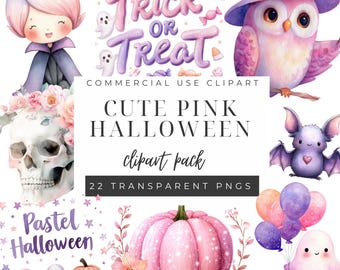 Zestaw różowych clipartów na Halloween, pastelowe akwarele PNG, urocze duchy i dynie, sztuka cyfrowa do rękodzieła