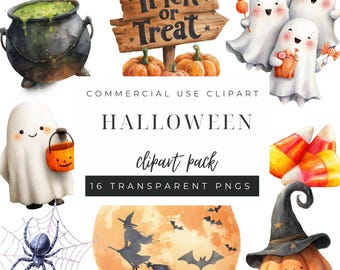 Watercolor Halloween Clipart, Ghost Pumpkin Witch PNG, Haunted House Skeleton Bat, Party Invitation Art