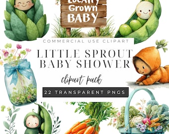 Little Sprout Clipart, Baby Shower Art, Kawaii Vegetable PNGs, Digital Download, Nursery Decor, Commercial Use