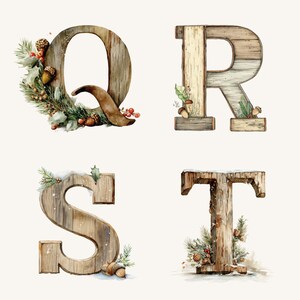 May include: Watercolor illustration of the letters Q, R, S, and T, each crafted from wood. The letters are decorated with winter foliage, pine needles, acorns, and berries, creating a festive, seasonal theme.