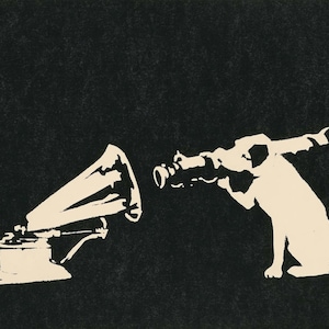 May include: Cream-colored illustration on a black background. A vintage gramophone faces a dog holding a telescope. The dog is sitting, appearing to look through the telescope towards the gramophone. The image has a minimalist, artistic style.