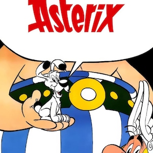 May include: Comic book cover for "The 12 Tasks of Asterix." The title is in red, with a cartoon illustration of a character holding a small white dog. The background is white, blue, and yellow.