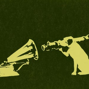 May include: A digital illustration depicts a yellow gramophone facing a yellow dog holding a camera. The dog is sitting and appears to be taking a photo of the gramophone. The background is a dark green color.
