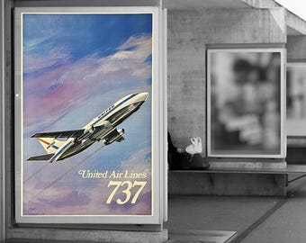 1970s colorful advertising reproduction poster print for United 737