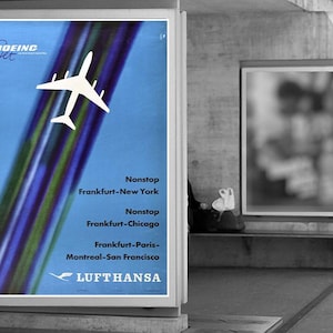 Impresión de póster publicitario colorido de la década de 1960 para el Boeing 707 de Lufthansa