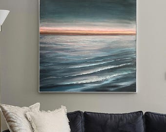 Hand Painted Navy Blue Ocean Painting, Abstract Coastal Seascape Canvas Art