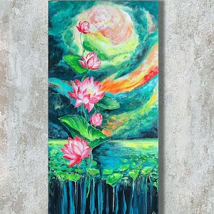 Pink Lotus Painting Floral Wall Art Botanical Decor Water Lily Canvas Meditation Artwork Tranquil Nature Inspired Art