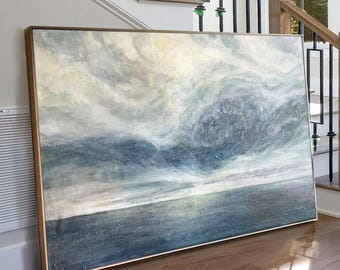 Peinture acrylique, océan abstrait, paysage marin texturé, grande oeuvre d'art moderne