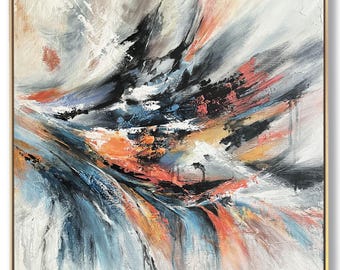 May include: Abstract painting with bold strokes of black, white, blue, orange, and red paint. The colors are blended together to create a dynamic and energetic composition.