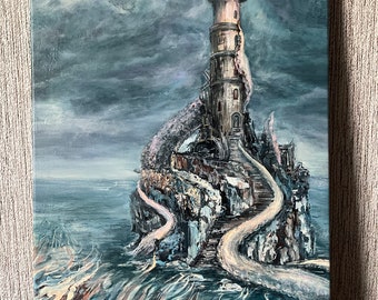 Dark Fantasy Leuchtturm Gemälde Stormy Seas Art Kraken Tentakel Ozean Wanddekoration (18х30)