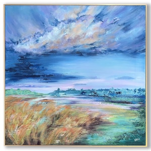Autumn Painting Abstract Landscape Blue Sky Painting Cloud Painting Colorful Sky Art Serene Painting Scenic Wall Art