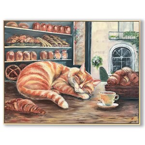 Pintura de gato pelirrojo con café, lindo arte atigrado, acogedora decoración de pared para panadería